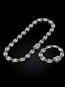 1 Set 13mm Wide Full Rhinestone Pig Nose Chain Necklace & Bracelet 2-Piece Set, Densely Inlaid Rhinestone Heavy Chain, Hip Hop Street Style Accessories, Rap Music Festival Party Unisex Gift Jewelry - Style NL2047 - View 10