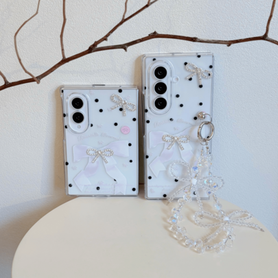 1pc Girls Transparent Popular Handmade Sticker Bow Shiny Glitter Shockproof Anti-Slip Protective Case Compatible With Samsung Galaxy Z Fold8, Galaxy Z Fold8Ultra, Galaxy Z Fold7, Galaxy Z Fold6, Galaxy Z Fold5,