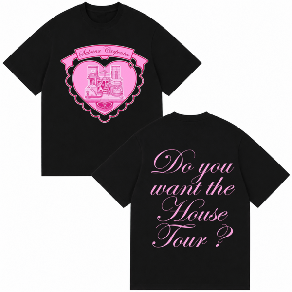 SSabrina Carpenter Do You Want The House Tour? Black Tee, Official Pop Merch, Pink Heart House Front, Cursive Tour Text Back, Fan Collector.