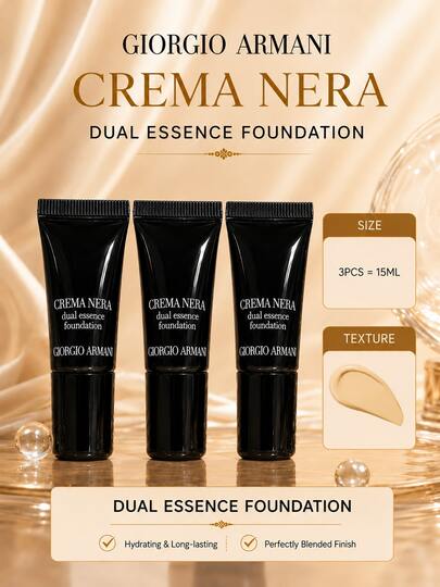 Giorgio Armani Armani Luminous Silk Foundation (Black Key), ukuran sampel 5ml, 3 buah. Tekstur ringan dan melekat, daya tutup tinggi, tahan lama, tidak mudah teroksidasi, memberikan tampilan kulit yang alami dan cerah.