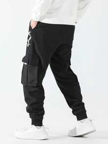 Men Plus Size Casual Letter & Smiling Face Print Cargo Pants , Fall - Black - View 2