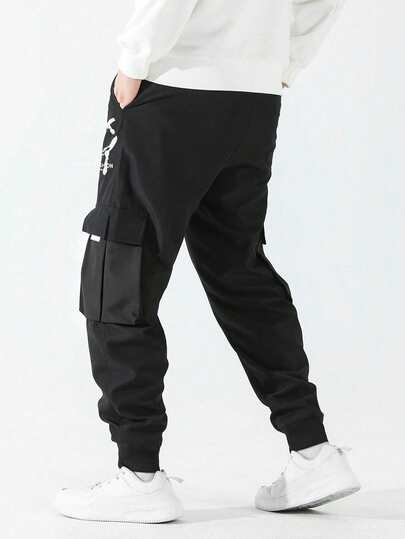 Men Plus Size Casual Letter & Smiling Face Print Cargo Pants , Fall