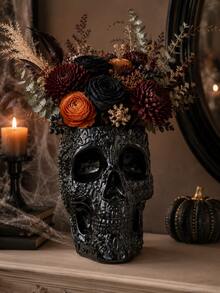 1pc Decorative Floral Skull Vase, Gothic Style Black & White Skull Planter, Embossed Sugar Skull Tabletop Centerpiece, Halloween Home Decor, Suitable For Dried Flowers And Fresh Flowers, Living Room Bookshelf Party Decoration - Gothic Skull Vase - View 10
