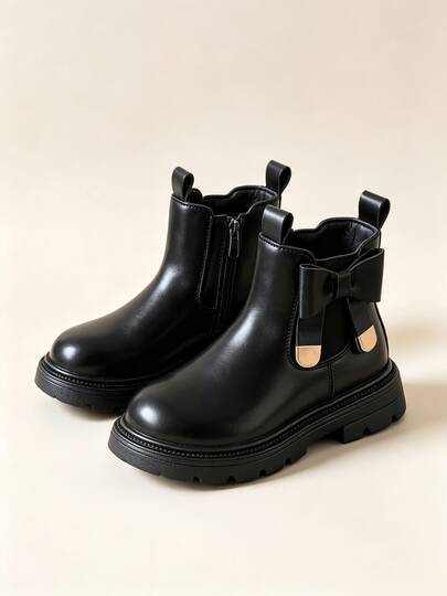 1 đôi bốt cổ ngắn Chelsea nữ màu đen đính nơ, khóa kéo bên hông, đế dày, phong cách công chúa retro, bằng da, đơn giản dễ phối đồ cho mùa thu/đông