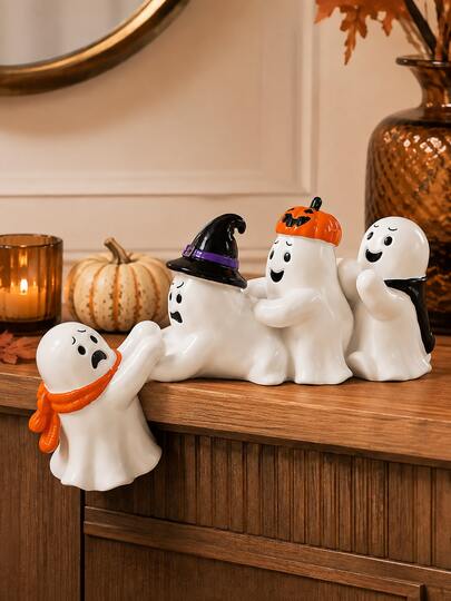Figur Hantu Halloween, Patung Hantu Resin Lucu untuk Rak dengan Topi Penyihir, Topi & Syal, Dekorasi Halloween Menyeramkan untuk Rumah, Ruang Tamu, Perapian, Rak Buku & Meja, Dekorasi Rumah Hantu yang Menggemaskan, Dekorasi Pesta Musim Gugur, Dekorasi Rumah Berhantu, Hadiah Halloween
