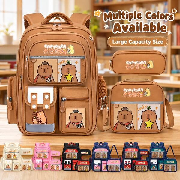 Capybara Fun Muster Großer Kapazitäts Rucksack, Mehrschichtiges Fach Mehr-Taschen-Aufbewahrungsdesign, Leichtes und Verschleißfestes Schulranzen, Bequeme Verdickte Schultergurte, Passende Lunchbox und Federmäppchen, Lässiger Vielseitiger Farbblock-Stil, Geeignet für Campus-Pendeln, Tägliche Ausflüge, Kurze Reisen, Schulanfang, Outdoor-Aktivitäten und Geschenk-Anlässe, 7 Farben Erhältlich, Praktisches Großer Kapazitäts Rucksack Set