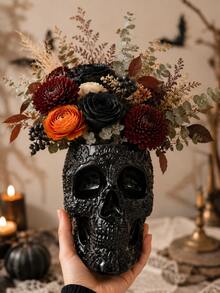 1pc Decorative Floral Skull Vase, Gothic Style Black & White Skull Planter, Embossed Sugar Skull Tabletop Centerpiece, Halloween Home Decor, Suitable For Dried Flowers And Fresh Flowers, Living Room Bookshelf Party Decoration - Gothic Skull Vase - View 5