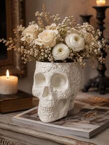 1pc Decorative Floral Skull Vase, Gothic Style Black & White Skull Planter, Embossed Sugar Skull Tabletop Centerpiece, Halloween Home Decor, Suitable For Dried Flowers And Fresh Flowers, Living Room Bookshelf Party Decoration - Gothic Skull Vase - View 11