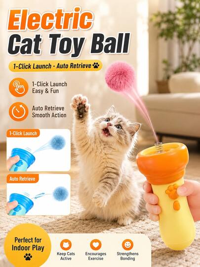 Interactive Indoor Cat Toy, Electric Retractable Cat Teaser Wand With Automatic Fluffy Ball, Pet Intelligence & Exercise Toy, Suitable For Kittens, Adult Cats And Multi-Pet Households