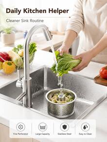 Stainless Steel Sink Strainer, Featuring Fine Honeycomb Basket And Center Handle Design, Anti-Clogging, Easy To Pour And Clean, Practical Kitchen Sink Debris Filter, Essential Home Kitchen Accessory - Silver - View 9