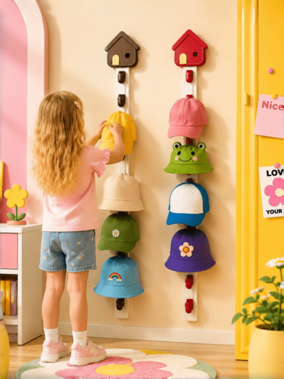 Cute House-Shaped Children's Wall-Mounted Hat Rack, No-Drill Hat Storage Rack, Self-Adhesive Vertical Storage Rack, Suitable For Nursery Decor