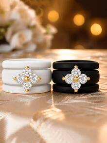 3PCS Silicone Zirconia Clover Ring Set, Sizes 6-9, Suitable For Couples, Girlfriends, Friends, Holiday Gifts, Valentine's Day Gifts - 3PCS Clover Silicone Ring - Gold - View 4