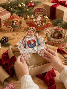 1pc 3D Christmas Pop-Up Greeting Card, Creative Holiday Paper Card, Elegant Carriage Design, Christmas Celebration Festival Decoration Card, Surprise Message Card - 3D - View 2