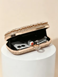 1pc Luxurious Rhinestone Floral Evening Clutch, Exquisite Full Rhinestone Heavy Craftsmanship, With Handle Ring For Crossbody Wear, Wedding Banquet Party Dress Matching, Light Luxury High-End Women's Evening Bag - Gold - View 4