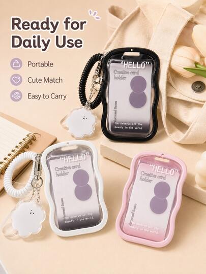 1pc Transparent Card Holder With A Wavy Edge, Featuring A Coiled Lanyard And Charm; A Portable Plastic Card Protector.