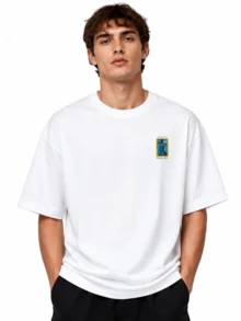 High‑End Casual Cotton Oversized Tee, Museum‑Inspired Look, Men Short‑Sleeve Back Character Art Print T‑Shirt - White - View 2