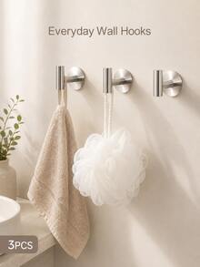 3pcs Stainless Steel Self-Adhesive Wall Hooks, No Drilling Required, Suitable For Bathroom, Entryway, Kitchen, Closet, Hanging Storage Organization, Space-Saving, Home Storage, Waterproof, Rust-Proof, Modern Minimalist Design, Gold/Silver/Black Optional - View 6