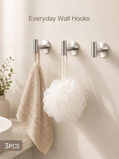 3 Pcs Stainless Steel Self Adhesive Wall Hooks No Drill Hooks For Bathroom Entryway Kitchen Closet Hanging Storage Organizer Space Saving Home Organization Waterproof Rust-Resistant Modern Minimalist Design Gold Silver Black Color Options