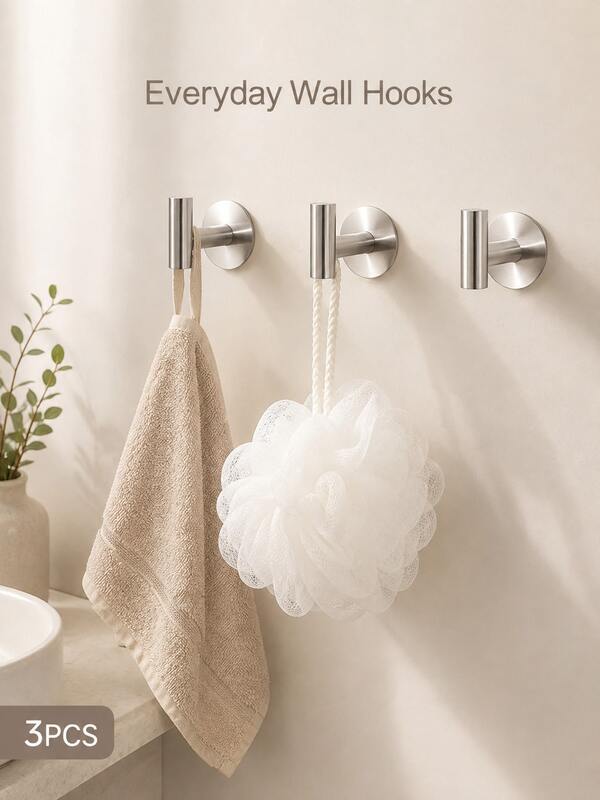 3 Pcs Stainless Steel Self Adhesive Wall Hooks No Drill Hooks For Bathroom Entryway Kitchen Closet Hanging Storage Organizer Space Saving Home Organization Waterproof Rust-Resistant Modern Minimalist Design Gold Silver Black Color Options