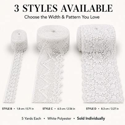 White Lace Sewing Trim, 5 Yards Polyester Floral Lace Ribbon, Decorative Wavy Edge, Suitable For Crafts, Weddings, Gift Wrapping And Clothing