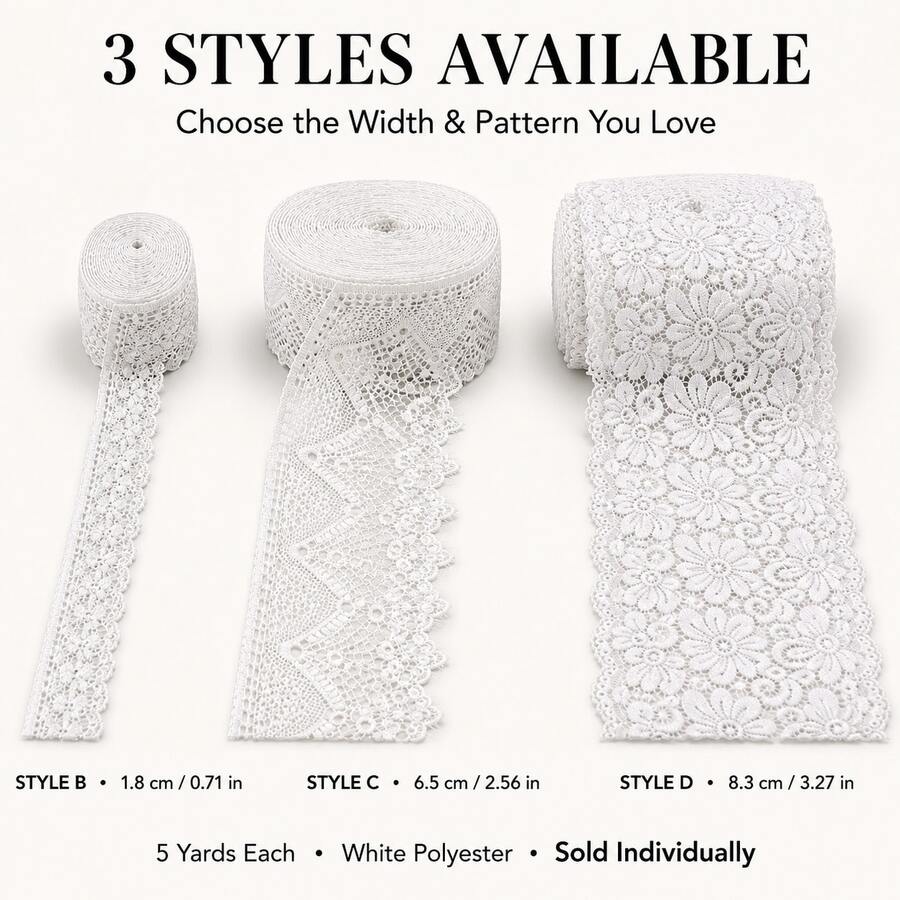 White Lace Sewing Trim, 5 Yards Polyester Floral Lace Ribbon, Decorative Wavy Edge, Suitable For Crafts, Weddings, Gift Wrapping And Clothing - White - View 1