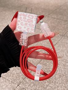 Sexy Leopard Print, Dopamine Pink Color Block Pattern, Paired With 1.4M Data Cable Protector Rope, Minimalist Apple Charger Protective Case, Compatible With 20W Phone 15 Charger, 16 ProMax Phone Cable Protector Cover, Anti-Bend, Anti-Cat Bite, Suitable For 13/14 Plus Data Cable Protector, Charger Protector. Christmas Gift - Pink - View 2