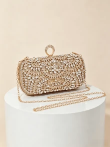 1pc Luxurious Rhinestone Floral Evening Clutch, Exquisite Full Rhinestone Heavy Craftsmanship, With Handle Ring For Crossbody Wear, Wedding Banquet Party Dress Matching, Light Luxury High-End Women's Evening Bag - Gold - View 2
