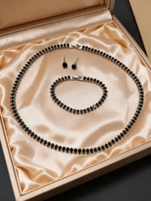 Black Emerald Cut Jewelry Set Necklace Bracelet Earrings - Black - View 9