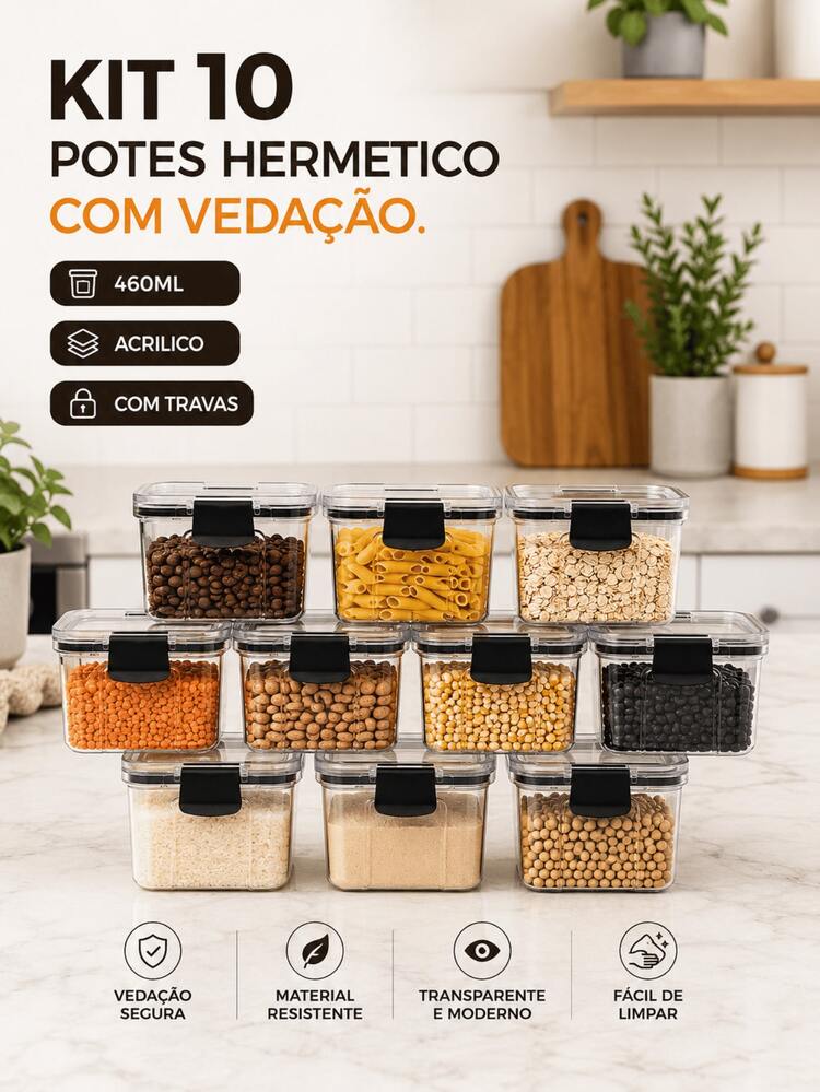 Kit Potes Herméticos Porta Mantimentos em Acrílico Cristal Transparente Organizador Empilhável para Cozinha Armazenar Cereais Grãos Massas Feijão Arroz Farinha Açúcar Café Temperos - Kit 10 Potes - Visão 6