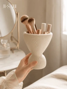 1pc Textured Cream Makeup Brush Holder, Abstract High-Footed Goblet Shaped Vanity Storage Box, 2-In-1 Cosmetic Organizer & Dried Flower Vase, Minimalist Wabi-Sabi Style Bathroom Vanity Home Decor - Stone Cave Storage - View 5
