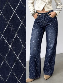 Women's Dark Blue High Waist Diamond Rhinestone Straight Leg Jeans, Plaid Rhinestone Design, Commute Party Casual Straight Leg Pants - Dark Wash - View 3