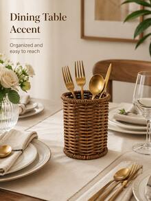 Cylindrical Hollow Woven Rattan Tableware Storage Basket, Decorative Desktop Organizer Box, Suitable For Kitchen, Dining Room, Home, Party Daily Table Decoration - Multicolor - View 4