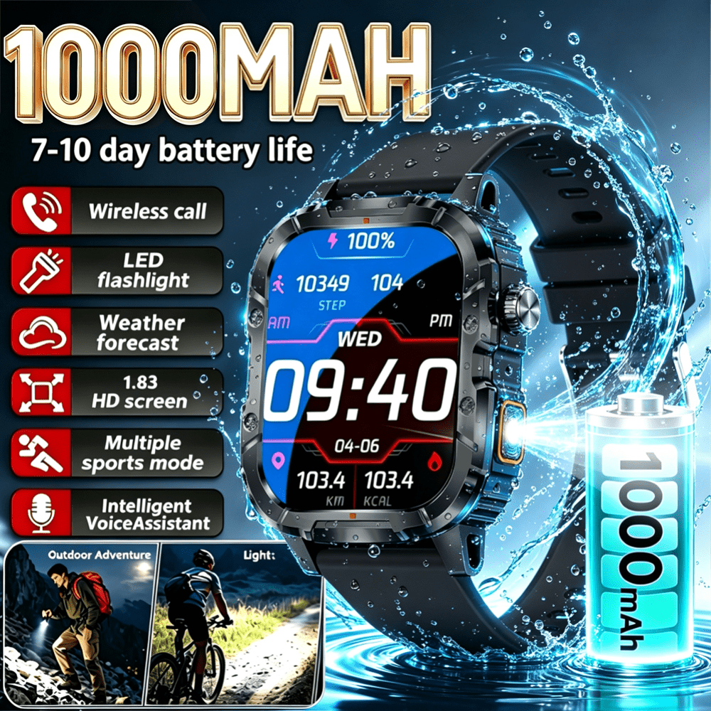 This Men's Outdoor Waterproof Smartwatch Features A Durable 1000mAh Battery, Supports Activity Tracking, Flashlight, Message Notifications, Wireless Calling And Multiple Practical Daily Functions, Making It An Ideal Gift For Men Or Women