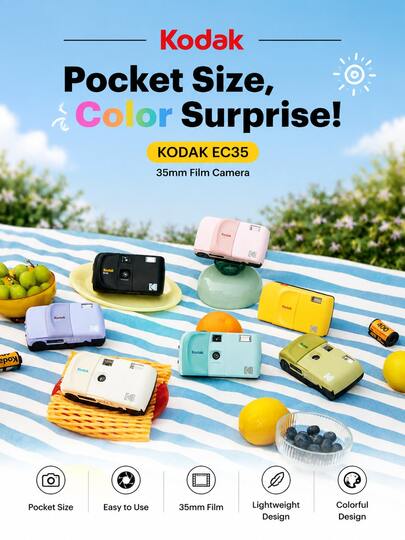 Kodak EC35 Film Camera, 35mm Film Camera, Reusable, Stylish Design, Sliding Cover, Built-In Flash, 25mm Wide-Angle Lens, Fixed Focus, Uses 35mm Film (Film And AA Batteries Not Included)