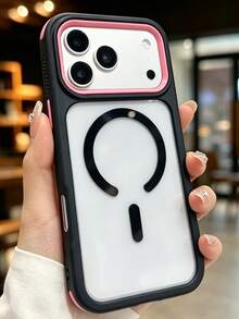 奢華吸震防摔 3N1 磁吸透明壓克力手機殼 短繩款，相容 iPhone 17 Pro Max 17 Pro 17 16 Pro Max 16 Pro 16 15 Pro Max 15 Pro 15 14 Pro Max 14 Pro 14 13 Pro Max 13 Pro 13 12 Pro Max 12 Pro 12 11，支援無線充電，高品質防震防摔保護殼 - 黑粉紅色 - 查看 1