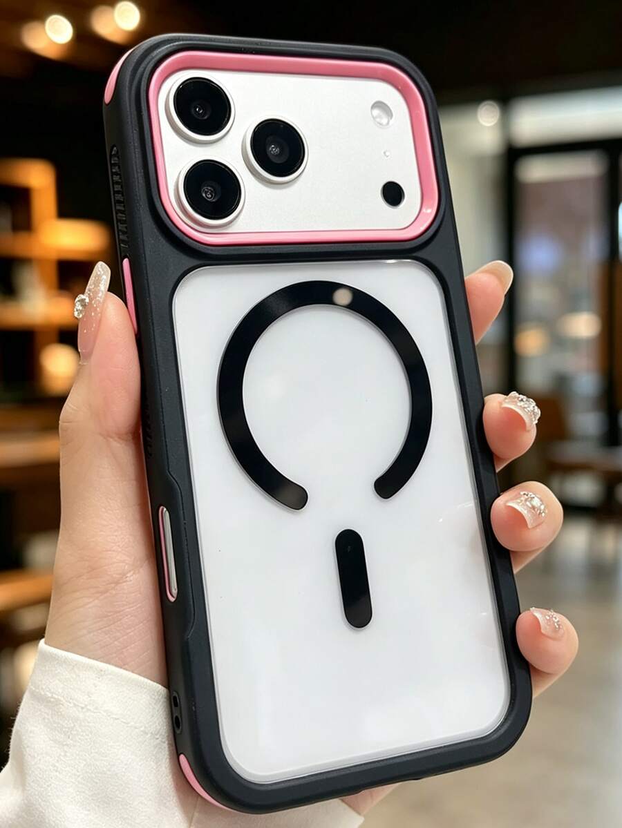 奢華吸震防摔 3N1 磁吸透明壓克力手機殼 短繩款，相容 iPhone 17 Pro Max 17 Pro 17 16 Pro Max 16 Pro 16 15 Pro Max 15 Pro 15 14 Pro Max 14 Pro 14 13 Pro Max 13 Pro 13 12 Pro Max 12 Pro 12 11，支援無線充電，高品質防震防摔保護殼 - 黑粉紅色 - 查看 1