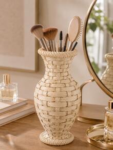 1pc Rattan‑Woven Style Vase Makeup Brush Holder, Boho Imitation Wicker Desk Organizer, Dual‑Purpose Decor Vase For Cosmetic Brushes, Pens, Dried Flowers, Vanity Table Home Desktop Decor,Makeup Organizer,Room Decor - Rattan Makeup Organizer - View 12