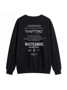 Women's Vintage Letter Print Sweatshirt, Black Loose Fit Crew Neck Long Sleeve Casual Pullover - Black - View 4
