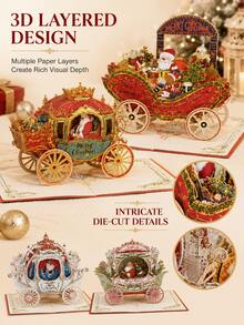 1pc 3D Christmas Pop-Up Greeting Card, Creative Holiday Paper Card, Elegant Carriage Design, Christmas Celebration Festival Decoration Card, Surprise Message Card - 3D - View 5