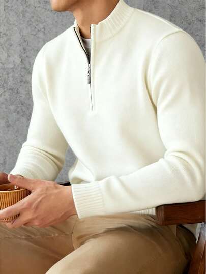 Men's Classic Zip-Up Turn Collar Long Sleeve Fine Knit Sweater, Autumn/Winter