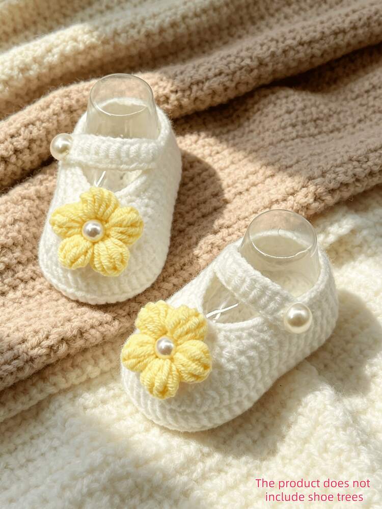 1 Pair Infant Baptism Booties, White Pearl Knit Slippers, Infant Shoes - Yellow - View 1