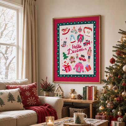1pc Christmas Canvas Wall Art Hello December Poster Cute Santa Gingerbread Nutcracker Gifts Snow Globe Xmas Kids Room Nursery Bedroom Living Room Kitchen Decor Holiday Painting Home Decoration Gift Unframed/ Framed/Wooden Hanging