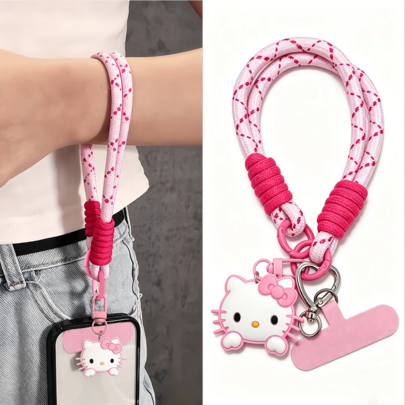 SANRIO 1pc Hello Kitty Lanyard | Phone, Pink Braided Short Wrist Strap, Cute Girly Style With Attachment Tab, Anti-Loss Universal Phone Chain, Keychain, Great Phone Decoration And Thoughtful Gift For Family And Friends