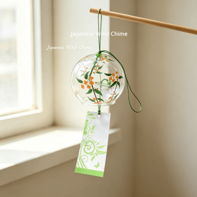 1pc Japanese Style Glass Wind Chime, Floral Printed Hanging Ornament With Paper Tassel For Window Home Patio Garden Decor