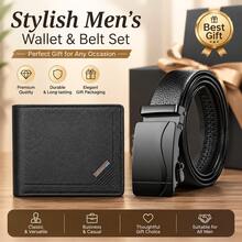 2PCS Men's Wallet And Belt Gift Set, PU Leather Wallet With Automatic Buckle Belt, Classic Business Style Accessories For Birthday Christmas - Black - View 2