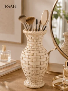 1pc Rattan‑Woven Style Vase Makeup Brush Holder, Boho Imitation Wicker Desk Organizer, Dual‑Purpose Decor Vase For Cosmetic Brushes, Pens, Dried Flowers, Vanity Table Home Desktop Decor,Makeup Organizer,Room Decor - Rattan Makeup Organizer - View 5