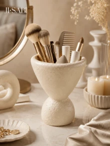 1pc Textured Cream Makeup Brush Holder, Abstract High-Footed Goblet Shaped Vanity Storage Box, 2-In-1 Cosmetic Organizer & Dried Flower Vase, Minimalist Wabi-Sabi Style Bathroom Vanity Home Decor - Stone Cave Storage - View 3
