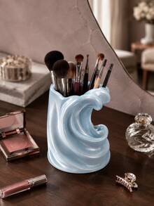 1pc Light Blue Wavy Makeup Brush Holder, Multifunctional Toothbrush & Toothpaste Rack, Fashion Bathroom Countertop Storage Cup, Suitable For Vanity, Bedroom And Home Decor, Bathroom Accessories, Toothbrush Holder, Brush Holder, Makeup Storage Rack - Multicolor - View 3