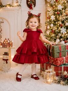New Baby Girl Princess Dress, 1st Birthday Bow Tulle Tutu Party Dress - Red - View 2