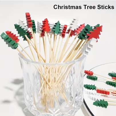 200/100/50/10pcs Christmas Tree Cocktail Picks, Multi-Functional Bamboo Toothpicks With Leaf Design For Appetizers, Food Skewers, Fruit Kabobs, Thanksgiving, Halloween, Christmas, Easter And Party Decorations